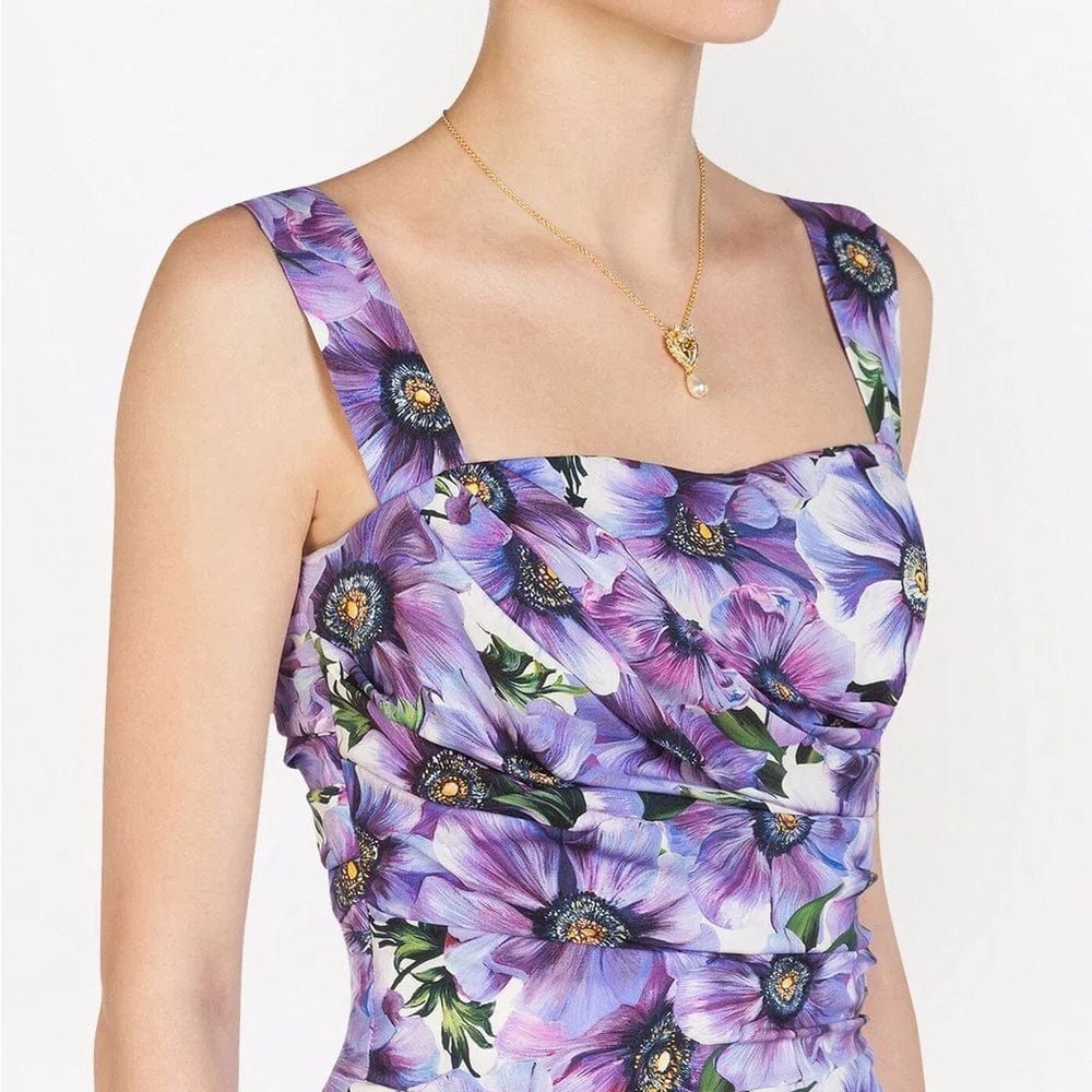 DOLCE & GABBANA PURPLE FLORAL PRINT SILK PENCIL DRESS- SIZE 42 (US 6) - Picture 7 of 14